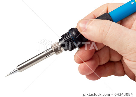 Soldering iron in hand with the blue handle. 64343094