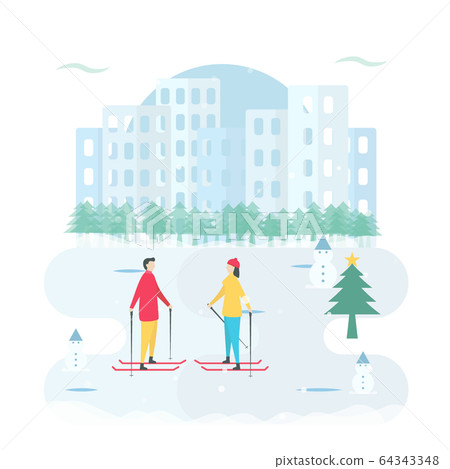 Romantic adults couple play ski in winter season. Character design of people. Vector illustration in flat style. Romantic adults couple play ski in winter season. Character design of people. Vector illustration in flat style. 64343348