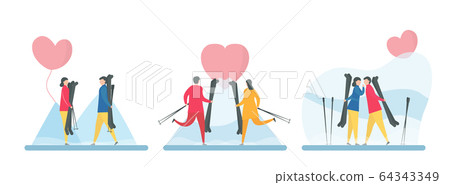 Sets of couple of love play ski in winter season. Character design of people. Vector illustration in flat style. 64343349