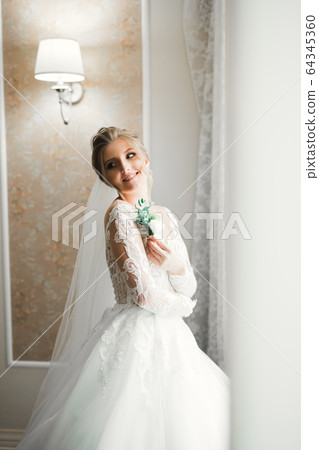 Luxury bride in white dress posing while preparing for the wedding ceremony Luxury bride in white dress posing while preparing for the wedding ceremony 64345360
