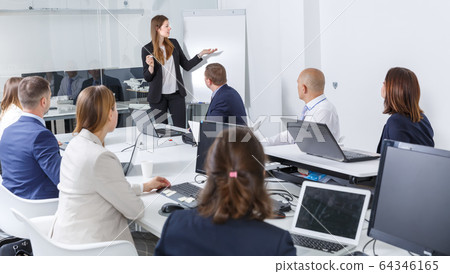 Smiling business woman presenting new business strategy to partners Smiling business woman presenting new business strategy to partners 64346165