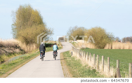 Rear view of people riding bikes on bicycle path Rear view of people riding bikes on bicycle path 64347670