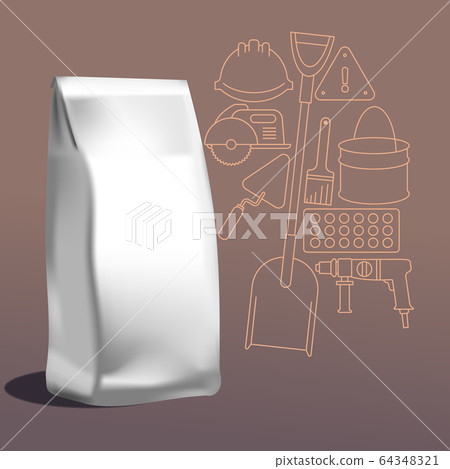 Layout of packaging for construction bulk materials. Bag on the background of a pattern of construction tools. 64348321