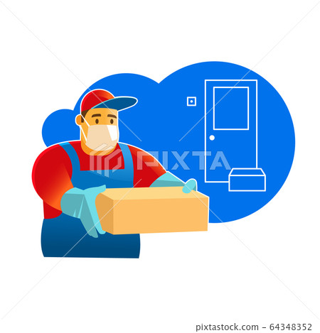 Contactless delivery. Delivery man or courier in a medical mask and gloves delivering box. Contactless delivery. Delivery man or courier in a medical mask and gloves delivering box. 64348352