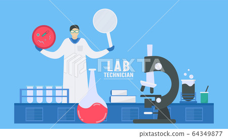 In hospital, lab technician works with complex systems or diagnostic tests in medical or scientific laboratories. A workflow part of patient care. Flat design. In hospital, lab technician works with complex systems or diagnostic tests in medical or scientific laboratories. A workflow part of patient care. Flat design. 64349877