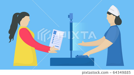 Workflow of patient care. Woman with illness send personal information to nurse receptionist. Medical vector illustration in flat style. Workflow of patient care. Woman with illness send personal information to nurse receptionist. Medical vector illustration in flat style. 64349885
