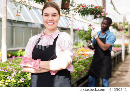 Florist woman posing in glasshouse Florist woman posing in glasshouse 64350241