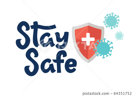 Stay Safe Logo Template. Shield that protects against coronavirus, Health care concept. Fears of getting coronavirus. Global viral epidemic or pandemic. Trendy flat vector illustration 64351752