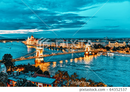 Szechenyi Chain Bridge and Parliament at dusk from Szechenyi Chain Bridge and Parliament at dusk from 64352537