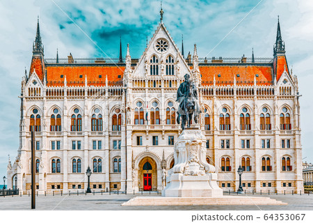 Hungarian Parliament  with statue Andrassy Gyvla. 64353067