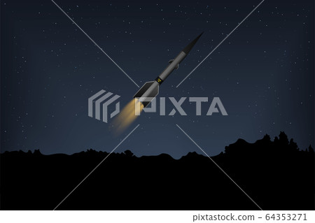 A nuclear missile flies in the night sky. 64353271