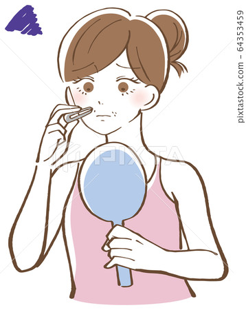 Illustration of a woman pulling out mustache with tweezers 64353459