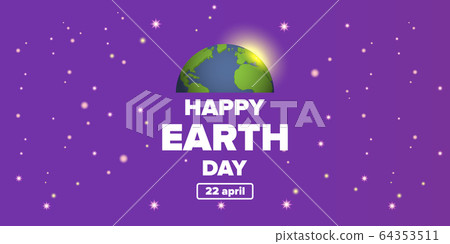 World earth day horizontal banner with earth globe isolated on violet space background with stars. Vector World earth day concept horizontal illustration with planet isolated on black background World earth day horizontal banner with earth globe isolated on violet space background with stars. Vector World earth day concept horizontal illustration with planet isolated on black background 64353511