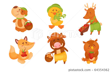 Cartoon Animal Engaged in Crop Harvesting Pulling Carts Full with Vegetables and Fruits Vector Set Cartoon Animal Engaged in Crop Harvesting Pulling Carts Full with Vegetables and Fruits Vector Set 64354362