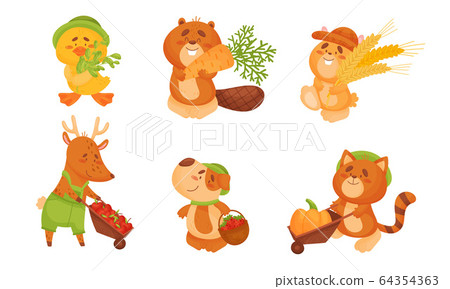 Cartoon Animal Engaged in Crop Harvesting Pulling Carts Full with Vegetables and Fruits Vector Set Cartoon Animal Engaged in Crop Harvesting Pulling Carts Full with Vegetables and Fruits Vector Set 64354363