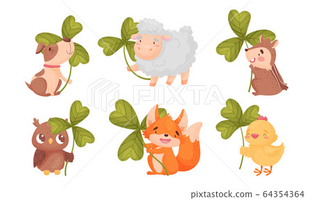 Cartoon Animals with Clover Leaf on Stalk Vector Set Cartoon Animals with Clover Leaf on Stalk Vector Set 64354364
