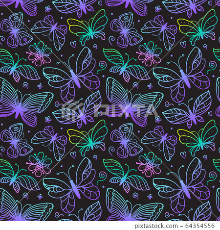 Bright butterflies seamless pattern. Coloring hand Bright butterflies seamless pattern. Coloring hand 64354556