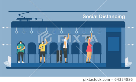 Social distancing in electric train. Sit and stand away from people. Save life from coronavirus outbreak. Vector illustration designs in flat style. Social distancing in electric train. Sit and stand away from people. Save life from coronavirus outbreak. Vector illustration designs in flat style. 64354886
