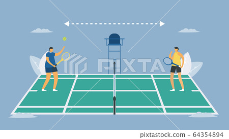 Social distancing in tennis sport. Play away from freind. Save life from coronavirus outbreak. Vector illustration designs in flat style. 64354894