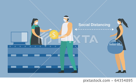 Social distancing in supermarket. Keep distance from other people. Save life from coronavirus outbreak. Vector illustration designs in flat style. Social distancing in supermarket. Keep distance from other people. Save life from coronavirus outbreak. Vector illustration designs in flat style. 64354895