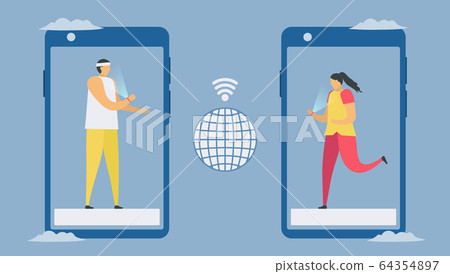 Online communication with smartphone and smart watch technology. Social distancing design for the trend of this year. It is a coronavirus or COVID-19. Vector illustration is in flat style. Online communication with smartphone and smart watch technology. Social distancing design for the trend of this year. It is a coronavirus or COVID-19. Vector illustration is in flat style. 64354897