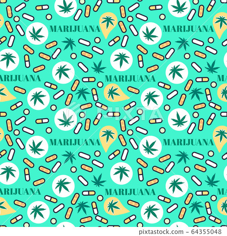 Marjuana pills Seamless pattern with leaf hemp. Organic Cannabis THC tablets. Vector texture on bright color background. Surface medical legalize design Marjuana pills Seamless pattern with leaf hemp. Organic Cannabis THC tablets. Vector texture on bright color background. Surface medical legalize design 64355048