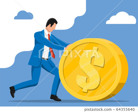 Businessman pushing large golden coin. Businessman pushing large golden coin. 64355640