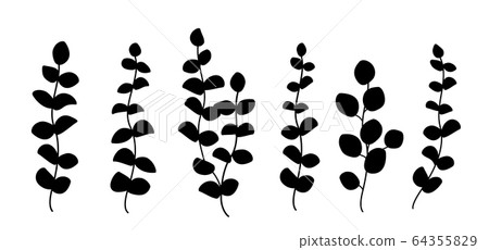 black hand drawn branches with leaves silhouette set 64355829