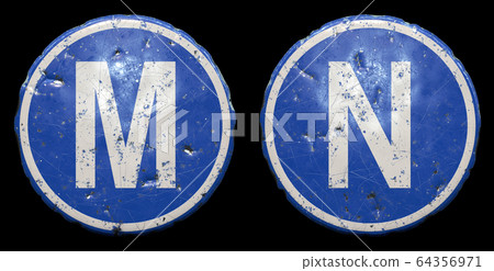 Set of public road sign in blue color with a capitol white letters M and N in the center isolated black background. 3d Set of public road sign in blue color with a capitol white letters M and N in the center isolated black background. 3d 64356971