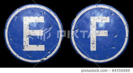 Set of public road sign in blue color with a capitol white letters E and F in the center isolated black background. 3d 64356989