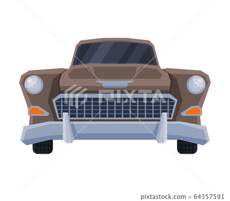 Front View of Retro Car, Vintage Vehicle Flat Vector Illustration 64357591
