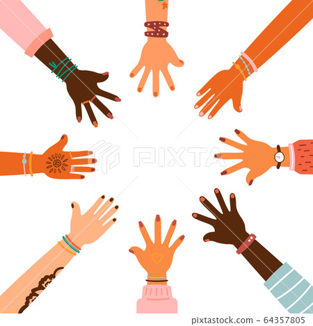 Hands together - set of different races raised up hands. Hands together - set of different races raised up hands. 64357805