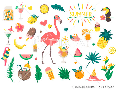 Set of cute summer icons: food, drinks, palm leaves, fruits and flamingo. Bright summertime poster. Set of cute summer icons: food, drinks, palm leaves, fruits and flamingo. Bright summertime poster. 64358032