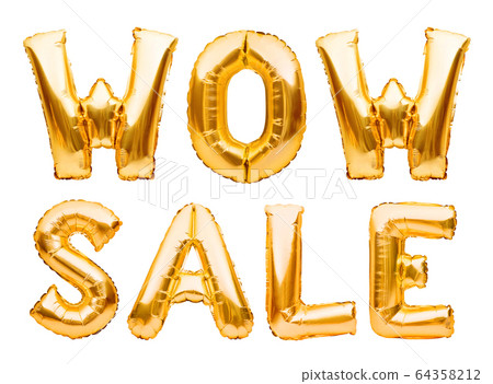 Words WOW SALE made of golden inflatable balloons Words WOW SALE made of golden inflatable balloons 64358212