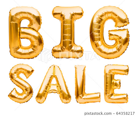 Words BIG SALE made of golden inflatable balloons Words BIG SALE made of golden inflatable balloons 64358217