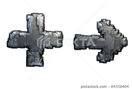 Set of symbols plus and right arrow made of metal isolated on white background. 3d 64358404