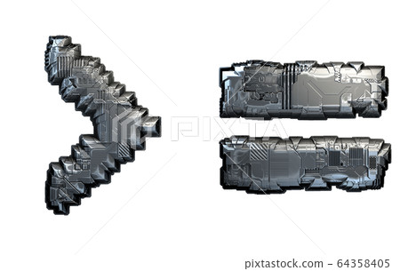 Set of symbols mark more and equals made of metal isolated on white background. 3d 64358405