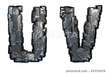 Set of capital letters U and V made of metal isolated on white background. 3d 64358459