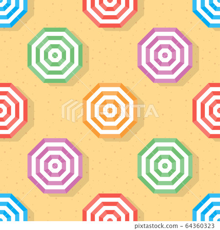 Top veiw of umbrella seamless pattern background. Colorful umbrella on sand beach. Hexagon repeat background. 64360323