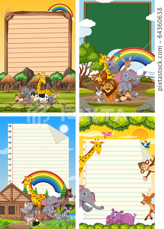Border template design with many wild animals in - Stock Illustration ...