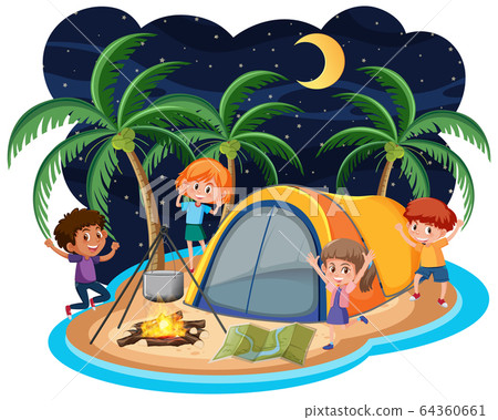 Scene with many children camping out on the island - Stock Illustration ...
