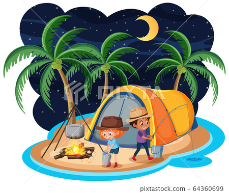 Scene with two kids camping out on the island at 64360699