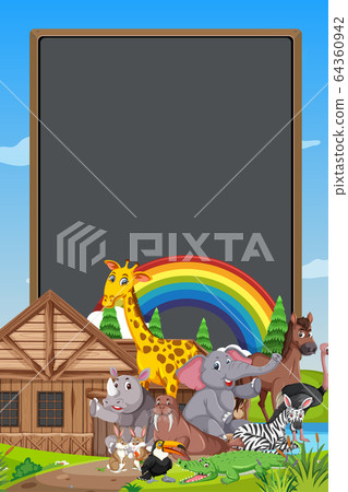 Border template design with many wild animals in - Stock Illustration ...