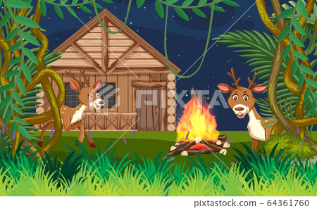 Background scene with deers and wooden cottage in 64361760