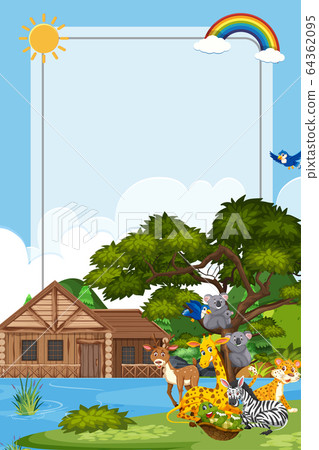 Border template design with many wild animals in - Stock Illustration ...