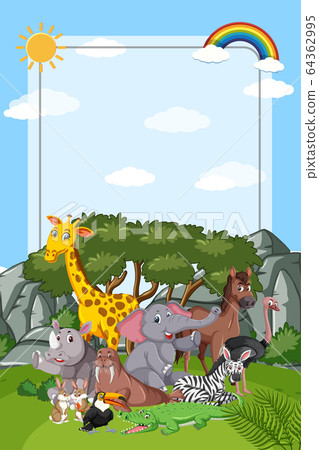 Border template design with many wild animals in 64362995