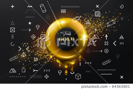 Trendy geometrical shapes with golden liquid donut shape in the center of this composition. An additional set of geometric elements, like cube, arrow, circle, pyramid, cross and zero, lines, etc. 64363801