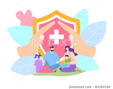 Family health insurance with clinic, life protection concept vector illustration. Parent and children protected by hospital. 64364384