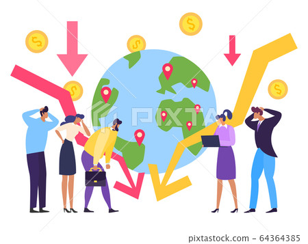 Global economy crisis, currency collapse concept vector illustration. Falling chart global economy, planet with marked places. 64364385