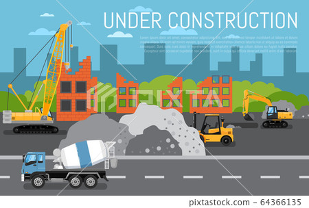 Under construction banner with machinery 64366135